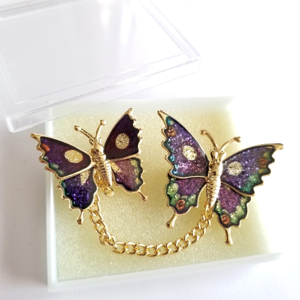 Vintage glitter butterfly brooch set New old stock Gold tone insect bug …